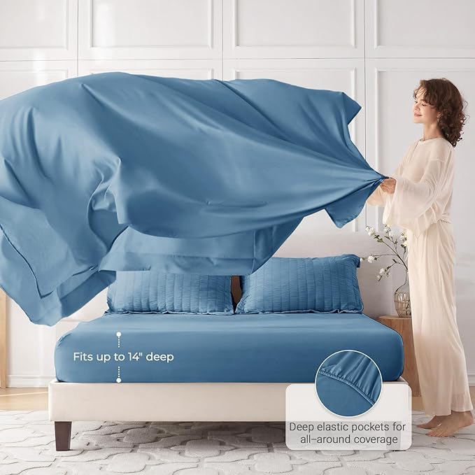 MUXHOMO 7 Pieces Full Comforter Set, Seersucker Bed in a Bag Full Size, All Season Luxury Bedding Set with Comforter, Flat Sheet, Fitted Sheet, Pillowcases & Shams, Mineral Blue