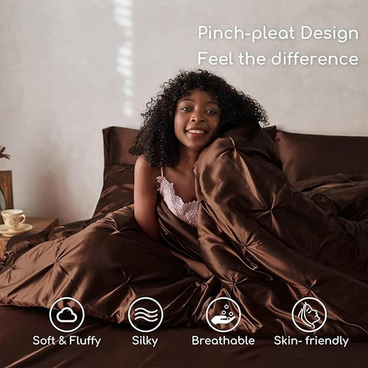 MR&HM Satin Comforter Set Oversized Queen, 7 Piece Bed in a Bag, Silky Soft All Season Bed Set, Luxury Pinch Pleat Bedding Set with Comforter, Sheets, Pillowcases & Shams, Brown