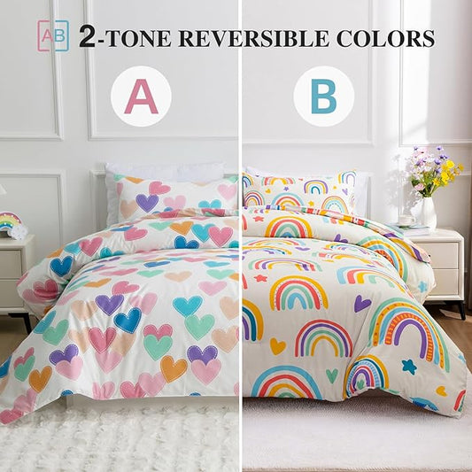 Btargot 3 Piece Kids Rainbow Comforter Set with 2 Pillow Covers, Cartoon Love Hearts Suns and Stars Bedding Set for Girls Boys, Full Beige
