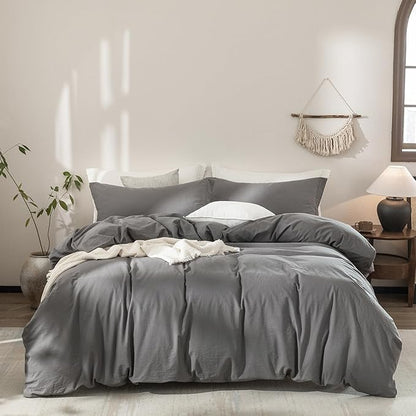 100% Washed Cotton Duvet Cover Queen Size Dark Grey Bedding Set Cover 1 Duvet Cover with Zipper Closure and 2 Pillowcases, 90inch x 90inch