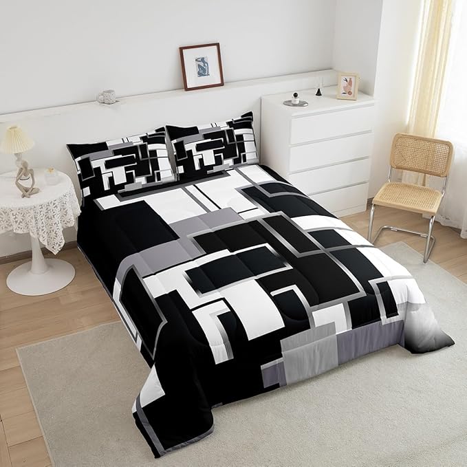 Erosebridal Geometric Comforter Sets Full Black and White Bedding Set for Kids Teens Youth,Modern Ombre Quilt Set Soft,Mid Century Square Duvet Insert with 2 Pillow Shams Lightweight Warm