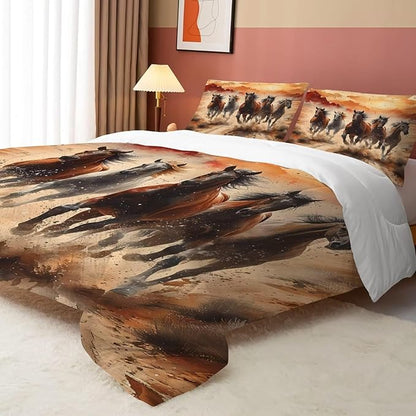 Horse Comforter Set Twin: Galloping Horse Bedding Set for Kids Teens Girls Boys Women Bed Bedroom Dorm Western Quilt 1 Comforter + 1 Pillow Case