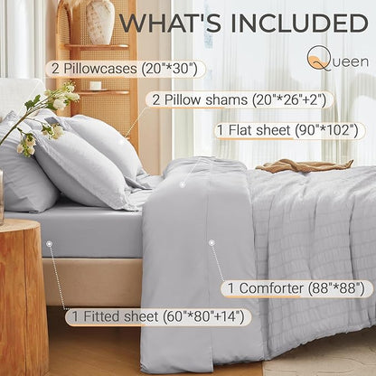 MUXHOMO 7 Pieces Queen Comforter Set, Seersucker Bed in a Bag Queen Size, All Season Luxury Bedding Set with Comforter, Flat Sheet, Fitted Sheet, Pillowcases & Shams, Light Grey