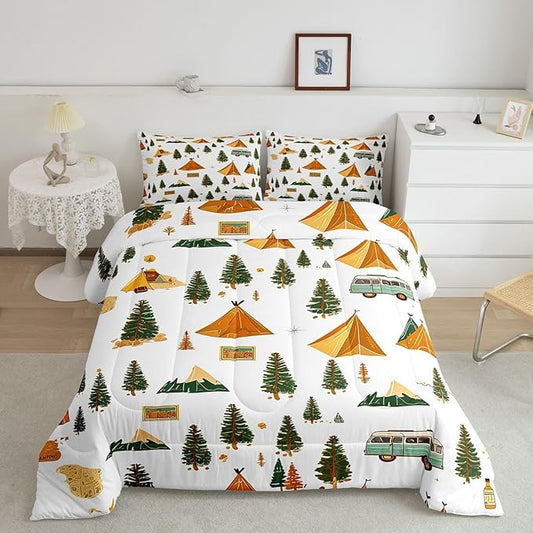 Feelyou Camping Comforter Set Toddler Size Vintage Comforter Camper Accessories for Travel Trailers Bedding Set Camper Duvet Set Room Decor Ivory Quilt Set