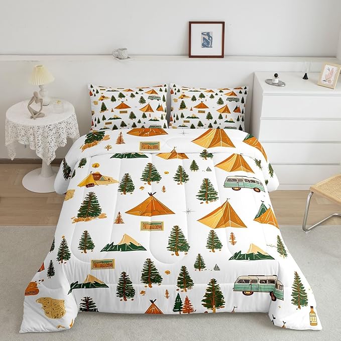 Feelyou Camping Comforter Set King Size Vintage Comforter Camper Accessories for Travel Trailers Bedding Set Camper Duvet Set Room Decor Ivory Quilt Set