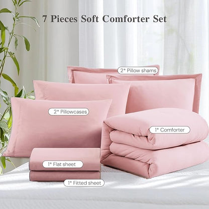 WRENSONGE Full Size Comforter Set- 7 Pieces Soft Pink Bed in a Bag Full Size Comforter with Fitted Sheet, Flat Sheet, 2 Pillow Shams, 2 Pillowcases, Warm Bedding Sets for All Season