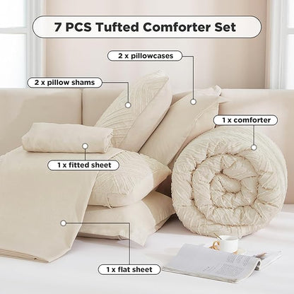 Andency Bed in a Bag King Beige- 7 Pieces King Size Comforter Set Bedding Comforter Sets, Tufted Lightweight Fluffy Bed Set with Comforter, Sheets, Pillowcases & Shams for All Season
