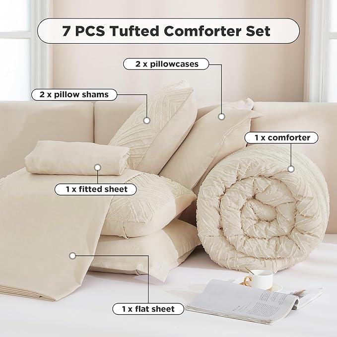 Andency California King Comforter Set Beige - 7 Pieces Bed in a Bag Cal King Bedding Comforter Sets, Tufted Lightweight Fluffy Bed Set with Comforter, Sheets, Pillowcases & Shams