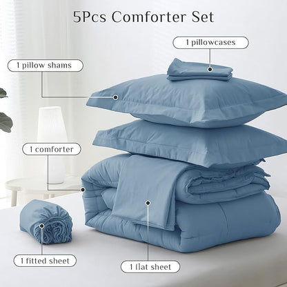 JOLLYVOGUE Twin XL Comforter Set, Ultra-Soft Bed in a Bag Twin XL Size 5 Pieces, Oeko-TEX Certified Bedding Set with Down Alternative Comforter, Sheets, Pillowcases & Shams, Dusty Blue