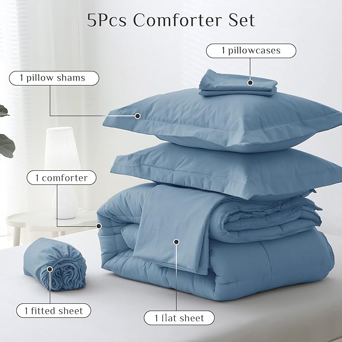 JOLLYVOGUE Twin Comforter Set, Ultra-Soft Bed in a Bag Twin Size 5 Pieces, Oeko-TEX Certified Bedding Set with Down Alternative Comforter, Sheets, Pillowcases & Shams, Dusty Blue