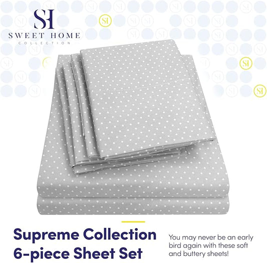Queen Sheets Dot Grey - 6 Piece 1500 Supreme Collection Fine Brushed Microfiber Deep Pocket Queen Sheet Set Bedding - 2 Extra Pillow Cases, Great Value, Queen, Dot Gray