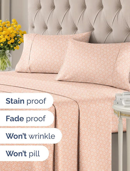 Floral Sheets - Pink & White Bed Sheet Set - 1 Flat, 1 Fitted & 2 Pillowcases w/ Deep Pockets - Comfy, Cozy, Wrinkle & Fade Free - Boho Botanical Bedding - Soft, Breathable & Cooling - Queen Size Set