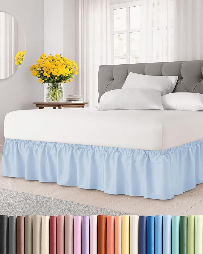 Wrap Around Dust Ruffle Bed Skirt - Sky Blue - for King Size Beds w/ 15 Inch Drop - Easy Fit Elastic Strap - Adjustable Pleated Bedskirt w/Brushed Fabric - Wrinkle Free, Women, Men, Kids & Teens