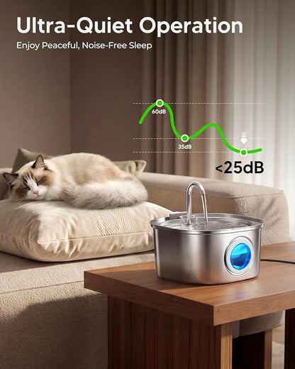 PEKTACO Stainless Steel Cat Water Fountain, 3.2L Drinking Fountain for Pets | Cat water dispenser, dishwasher safe, with triple filtration, quiet pump, and visible water window for cats and small pets