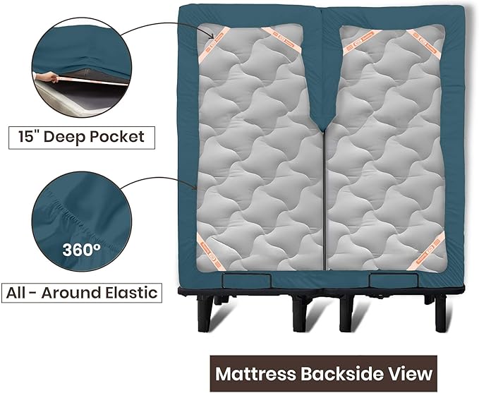 SGI bedding Adjustable Split Head Flex Top King 32" Microfiber Sheet Set – Ultra Soft, Cooling & Deep Pocket 15” Fitted, 4-Piece Breathable & Durable Bedding Set for Split King Beds -Teal