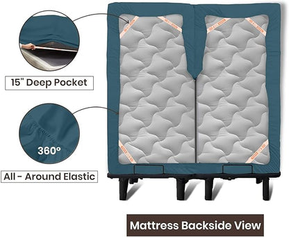 SGI bedding Adjustable Split Head Flex Top Cal King 28" Microfiber Sheet Set – Ultra Soft, Cooling & Deep Pocket 15” Fitted, 4-Piece Breathable & Durable Bedding Set for Split Cal King Beds -Teal