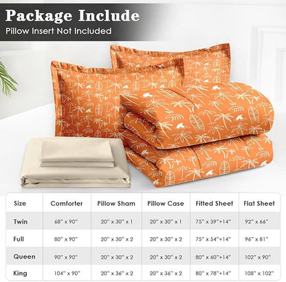 5 Pcs Twin Size Comforter Set with Pillowcase & Sham, Boho Palm Tree Beach Bedding for Kids and Adults, Summer Hawaiian Tropical Leaf Bed in a Bag with Flat Fitted Sheet