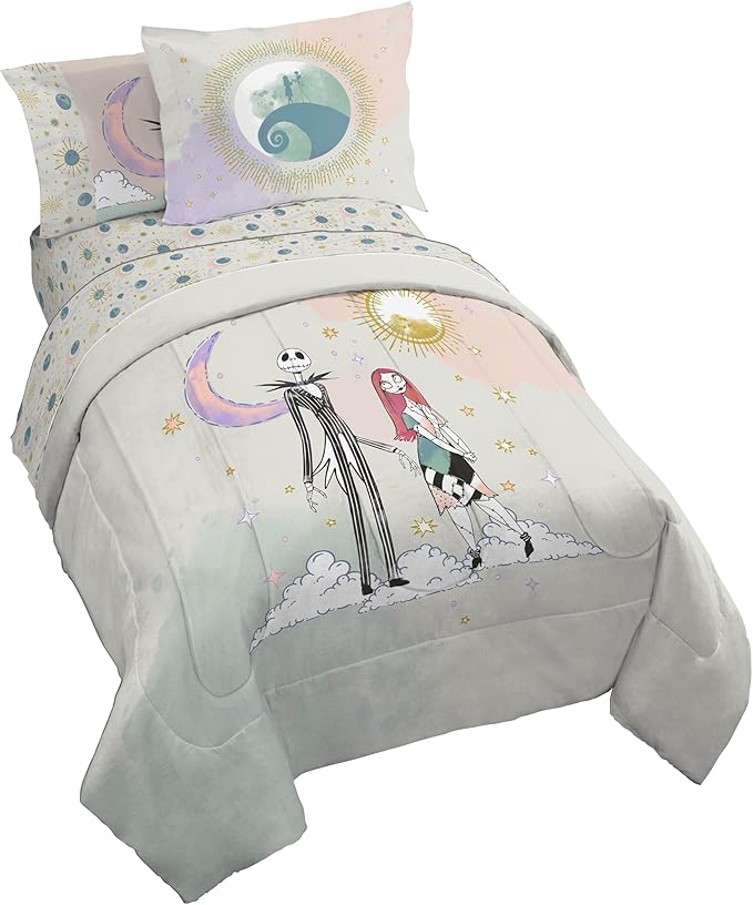 Disney Nightmare Before Christmas Twin Size Comforter Set - 5 Piece Jack and Sally Bedding Includes Sheet Set & Pillow Covers - Super Soft Ombre Bedding