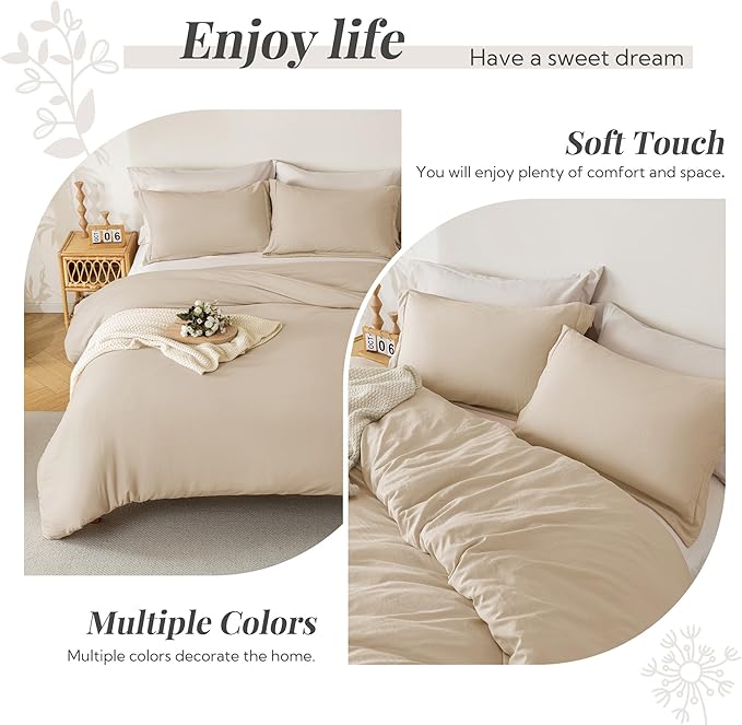 MILDLY Super Soft Duvet Cover 2pcs - 100% Washed Microfiber Light Khaki Comforter Cover Set with Zipper Closure & Corner Ties (No Comforter)