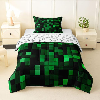 Pixelated Miners Game Kids Comforter Set Twin Size,Geometric Check Video Games Bedding Set Boys Room Decor,Gamepad Camo Grid Quilt Comforter,Black Green Duvet Set Bedroom Quilt Set,1 Pillowcase