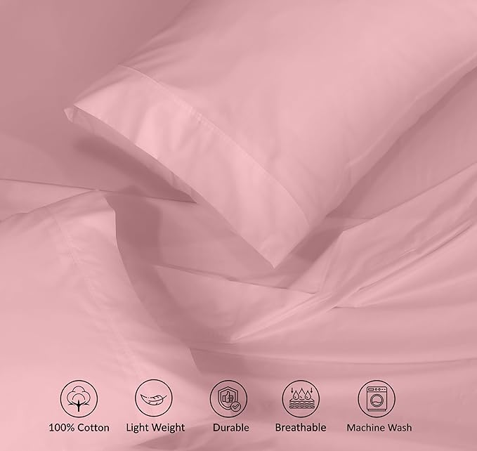 RUVANTI 100% Cotton Sheets – Queen Size Percale Bedding, Cooling & Breathable, Durable with a Crisp, Soft & Comfortable Feel, 16" Deep Pocket, 4-Piece Set, Bridal Rose