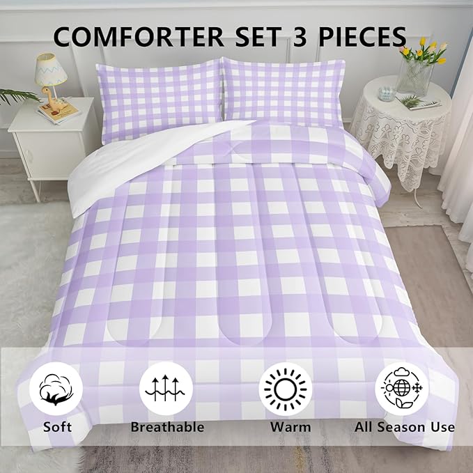 Gingham Comforter Set for Girls,Light Purple Kawaii Plaid Checkered Bedding King Size,Modern Geometric Bedding for Women Girls Kids,Farmhouse Grid Bed Comforter Set 1 Quilt 2 Pillowcases