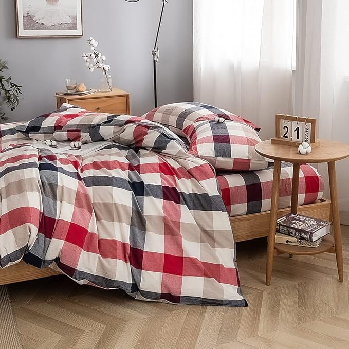 FACE TWO FACE Bedding Duvet Cover Set100% Washed Cotton Duvet Cover Linen Like Textured Breathable Durable Soft Comfy (California King, Blue red Grid)
