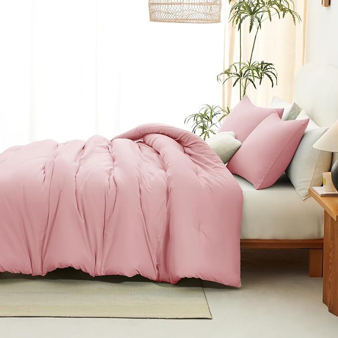 CozyLux Queen Comforter Set Pink, 3 Pieces Solid Comforters Queen Size Breathable Quilted Bedding Sets, Luxury Soft Lightweight Bed Set with Down Alternative Comforter and 2 Pillowcases All Seasons