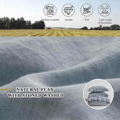 Simple&Opulence 100% Linen Duvet Cover Set, 3 PCS Natural French Flax Dusty Blue Ruffle Duvet Cover King Size, Breathable Comfy Linen Bedding Comforter Cover with 2 Pillowcases(Dusty Blue, 104" X 92")