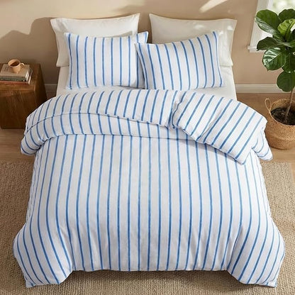 Bedbay Blue Striped Comforter Set King Size Microplush Fleece Bedding Set Ultra Soft & Warm Flannel Velvet Comforter Set 3 Pcs Blue White Stripes Pattern King Bed Set for All Seasons