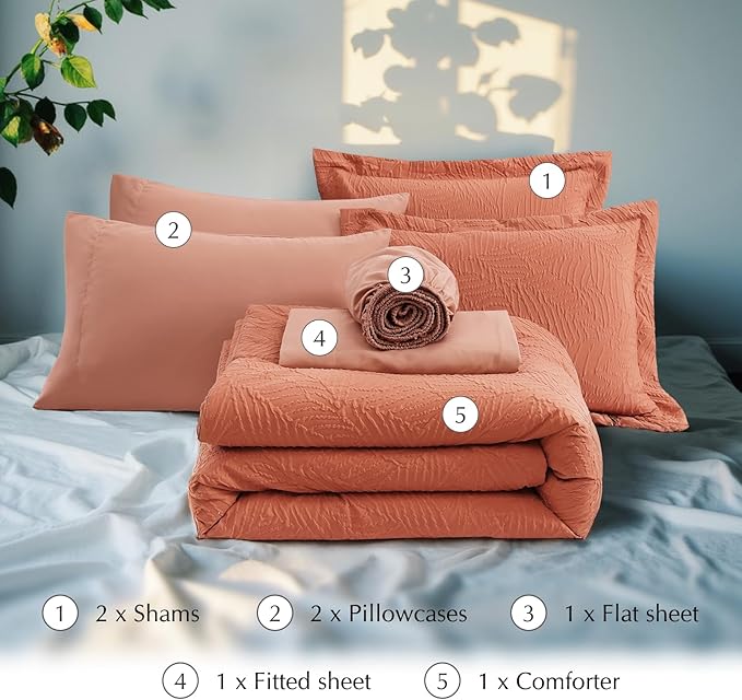 Geniospin Full Size Comforter Set - 7 Pieces Burnt Orange Bedding Set, Botanical Textured Comforter Set, All Season Lightweight Bed in a Bag with Comforter, Sheets, Pillowcases & Shams