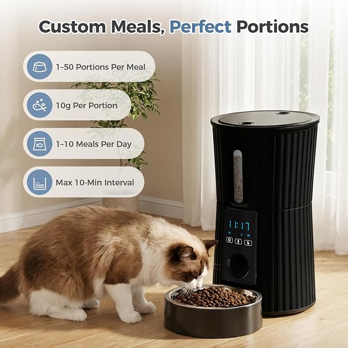 DUMOS 2.4G WiFi Automatic Cat Feeder, 4L Dog Food Dispenser with APP, Black | APP Control, 10s Voice Recorder, Dual Power Supply, Desiccant Bag, Indoor Programmable Pet Feeder for Small Cats and Dogs