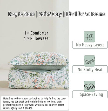 Floral Cotton Comforter Twin Size - Botanical Wildflower Pattern with Soft Pestel Accents on White, Textured Dusty Green Back, 2PC Lightweight Bedding Set with Down Alternative Fill(68"×90")