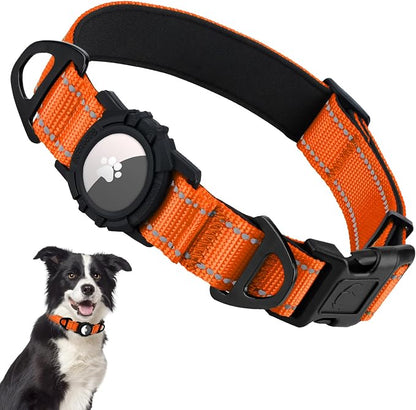 Taglory AirTag Dog Collar with Waterproof Holder for Medium Dogs, Orange, M | Reflective for Night Walks & Low-Light Safety, Track Your Pup Peace of Mind, Adjustable Soft Padded, No More Dangling Tags