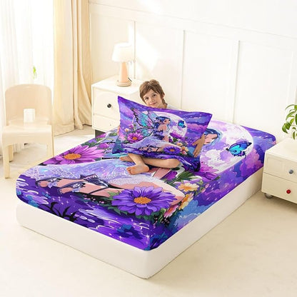 Erosebridal Fairy Girl Fitted Sheet Twin Flower Fairytale Bed Sheets for Boys Girls Blue Butterfly Floral Decor Bed Set Purple Galaxy Moon Sheets with 1 Pillowcase