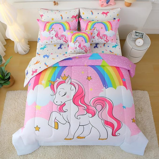 JQinHome Unicorn Twin Bedding Sets for Girls Kids,6 Piece Bed in A Bag 3D Pink Sky Rainbow Clouds Theme Unicorn Comforter Set with Sheet Set(Pink Purple)