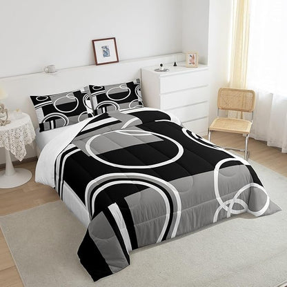 Erosebridal Modern Grey Black Striped Comforter Set Geometric Down Comforter Queen Size Retro Circle Swirls Bedding Set Bedroom Decor Abstract Texture Color Art Comforter for Kids Adult