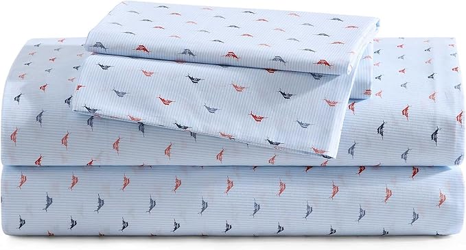 Tommy Bahama - Queen Size Sheet Set, Crisp & Cool Cotton Percale Bedding, Deep Pockets, Bed Sheets with Matching Pillowcases (Iconic Marlin Blue)