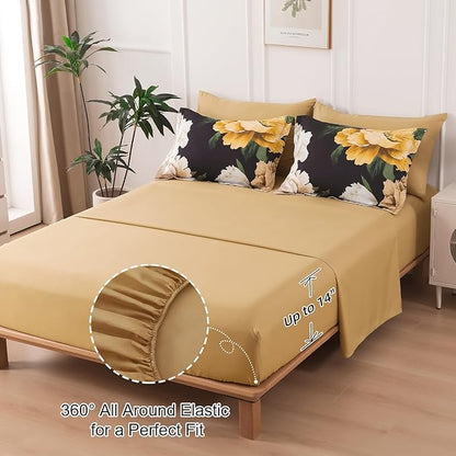 Dobuyly King Size Comforter Set 7 Piece Bed in a Bag, Yellow Brown Floral Printed on Black Comforter Set with Sheets, Soft Microfiber Botanical Boho Complete Bedding Set for All Season