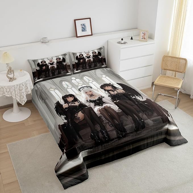 Erosebridal Japanese Anime Twin Size Bedding Set, Anime Girl Comforter Set Kawaii Japanese Style Duvet Insert Cartoon Japan Animation Quilt for Boys Youth Teens Adult Women Bedroom Decor