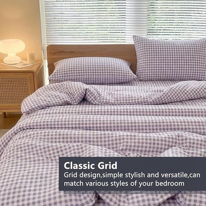 NSNLGSGC Queen Comforter Set, Purple Gingham Bedding Comforter Sets, Purple Grid Bed Comforter 3 Pieces (1 Comforter, 2 Pillowcases)