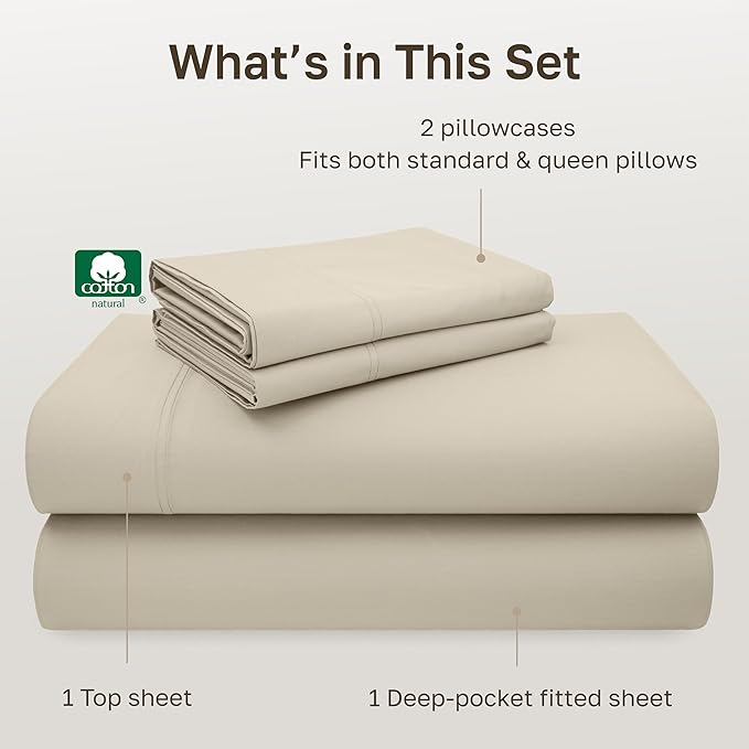 California Design Den Queen Sheet Set - 600 Thread Count Sateen, 100% Cotton Sheets Queen Size Bed Set, Deep Pockets, Soft and Durable Bedding - Beige