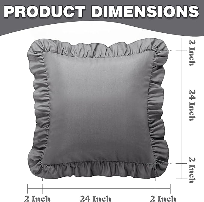 KKJIAF Ruffle Pillow Cases 24x24 Inches, Grey Square Ruffled Pillow Covers Set of 2, Microfiber Wrinkle Resistant Pillow Shams with Envelope Closure for Sofa Bed Living Room