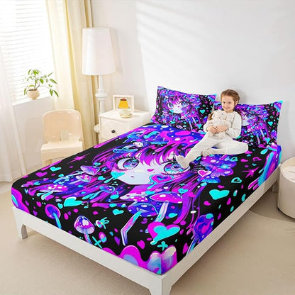 Erosebridal Japanese Girl Fitted Sheet for Boys Girls Kids Cartoon Girly Full Bed Sheets,3D Anime Gifts Sheets Colorful Graffiti Print Bedding Sets, No Top Sheet