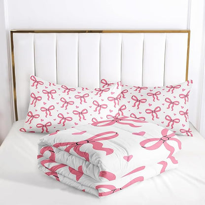Pink Bowknot Comforter for Girls,3 Pieces Princess Bowknot Bedding Queen Size,Kawaii Bow-tie Bed Set for Kids Women,Pink Cute Bow Bedding,Girls Bedroom Comforter Set 1 Quilt 2 Pillowcases