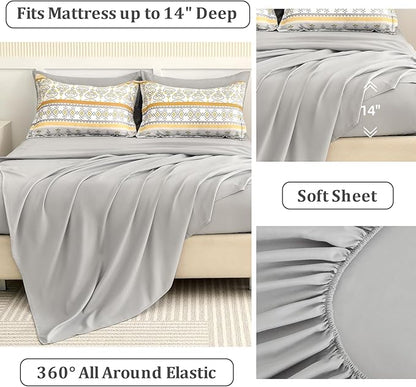 WONGS BEDDING Boho Comforter Set King Size,7 Pieces Bed in a Bag Bohemian Striped Bedding Set,Yellow Paisley Floral Comfortet and Sheet Set,Soft Microfiber Bedding Sets for All Season
