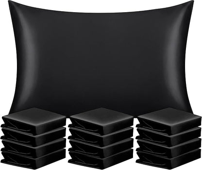 NTBAY 12 Pack Satin Queen Pillowcases for Hair and Skin, Luxurious and Silky Pillow Cases with Envelope Closure, 20 x 30 Inches, Black