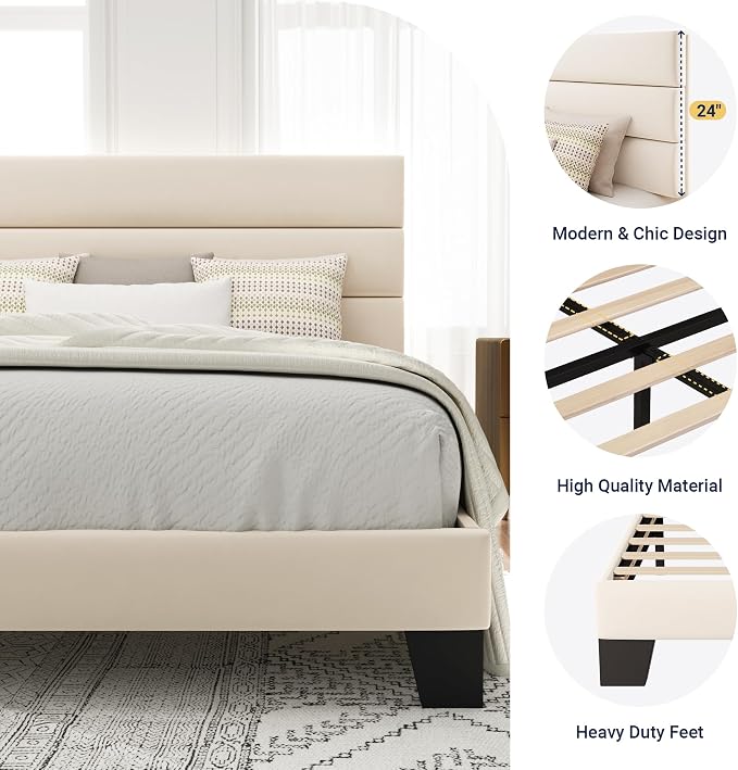 Allewie Full Size Platform Bed Frame with Velvet Upholstered Headboard and Wooden Slats Support, Fully Upholstered Mattress Foundation/No Box Spring Needed/Easy Assembly, Cream