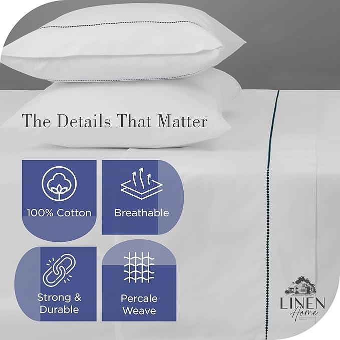 Linen Home 100% Cotton Percale Pearl Stitch Pillowcases Queen/Standard Size, Dark Blue, 2 Pieces of Pillow Case, Crisp and Cool Strong Bed Linen, 20 inches X 30 inches