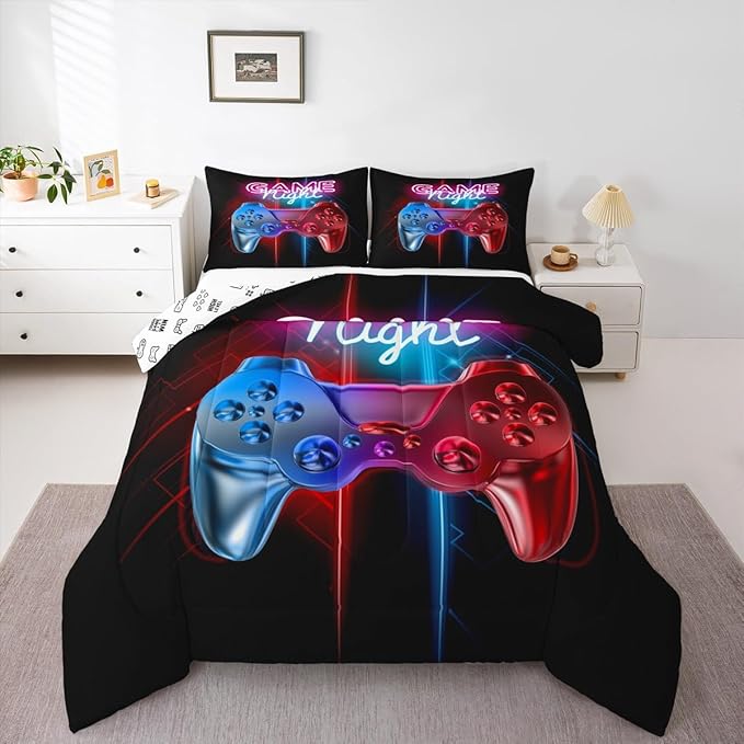 Boys Gaming Comforter Set Twin Size Teens Gamer Bedding Set Modern Blue Red Video Game Controller Comforter For Kids Children Youth Bedroom Decor Multi-Color Gamer Console Action Buttons Duvet Set